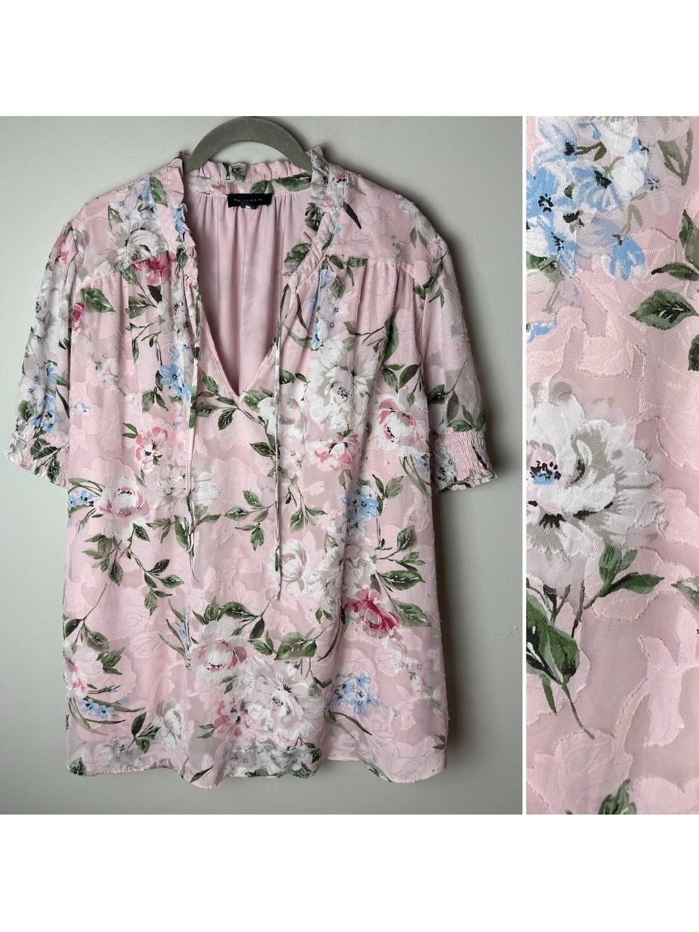 Tamara H Blouse Plus Size 1X Top Short Sleeves Tie Neck Lined Bodice Floral Pink